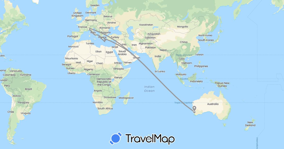TravelMap itinerary: driving, plane in Australia, Greece, Italy, Qatar (Asia, Europe, Oceania)